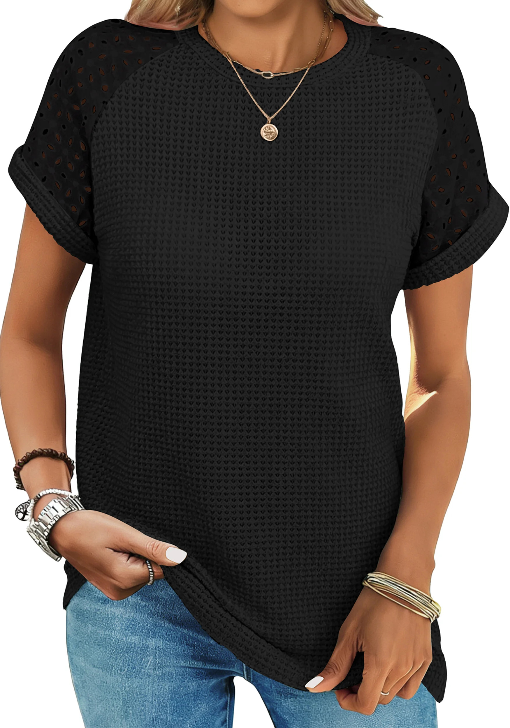 UVN Summer Blouses for Women Short Sleeve Crewneck Dressy Shirts Ladies Casual Waffle Knit Hollow... | Walmart (US)