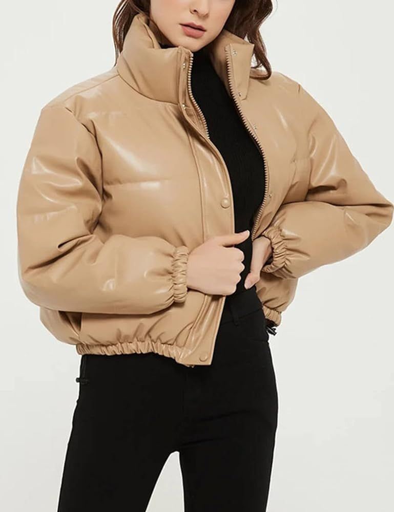 Amazon.com: Flygo Women's Faux Leather Puffer Jacket Zip up Padded Winter Bubble Coat Down Jacket... | Amazon (US)