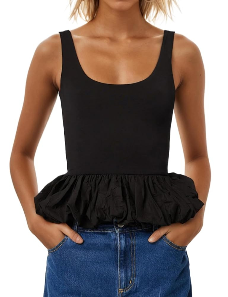 Women's Ruffle Bubble Hem Tank Top Scoop Neck Backless Sleeveless Patchwork Peplum Top Going Out ... | Amazon (US)