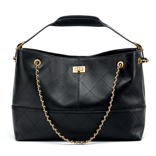 OMELUMO Soft Genuine Leather Lambskin Quilted Bag,Carryall Top Handle Gold Chain Shoulder Shopping Bag (Black) | Amazon (US)