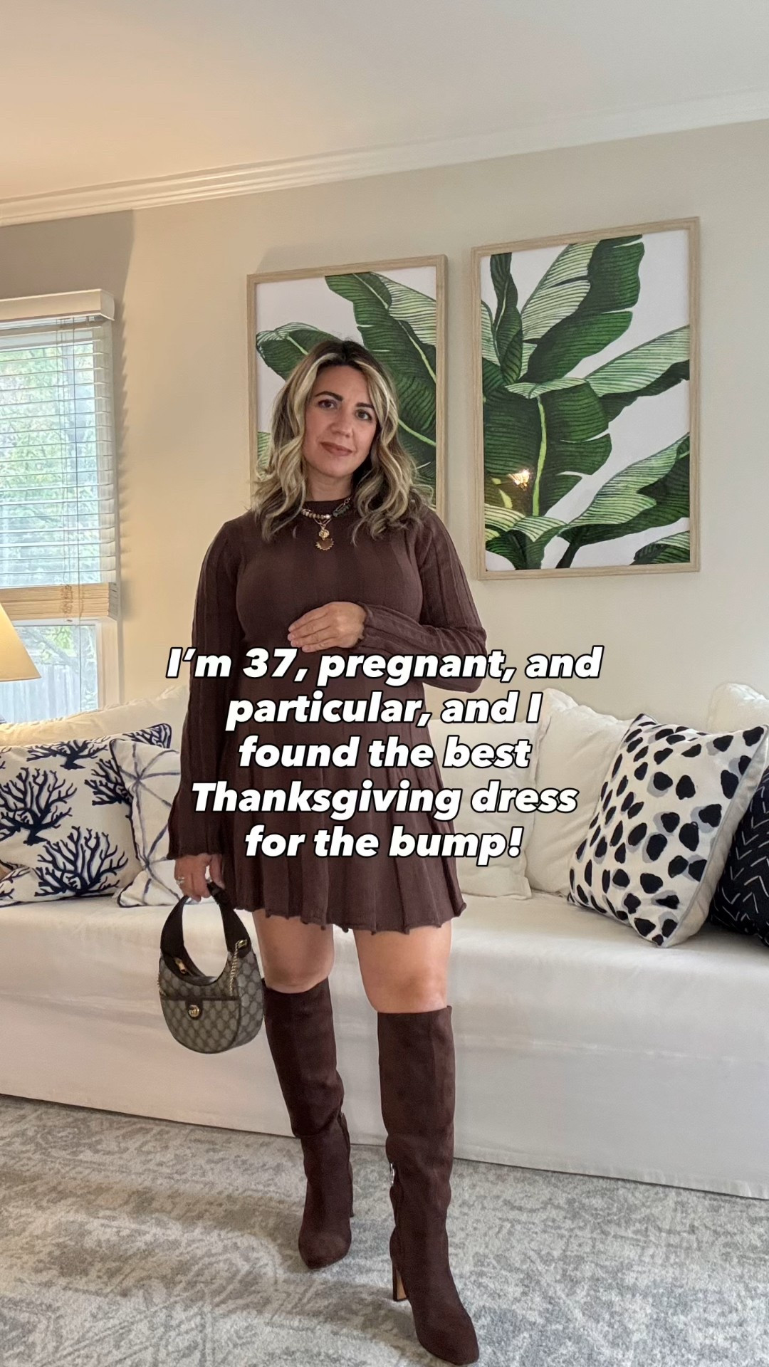 Thanksgiving outfit idea that works with or without the bump! Dress is Pink Blush. I love chocolate brown this season. I have a medium in the dress, boots are true to size. 

#LTKBump #LTKHoliday