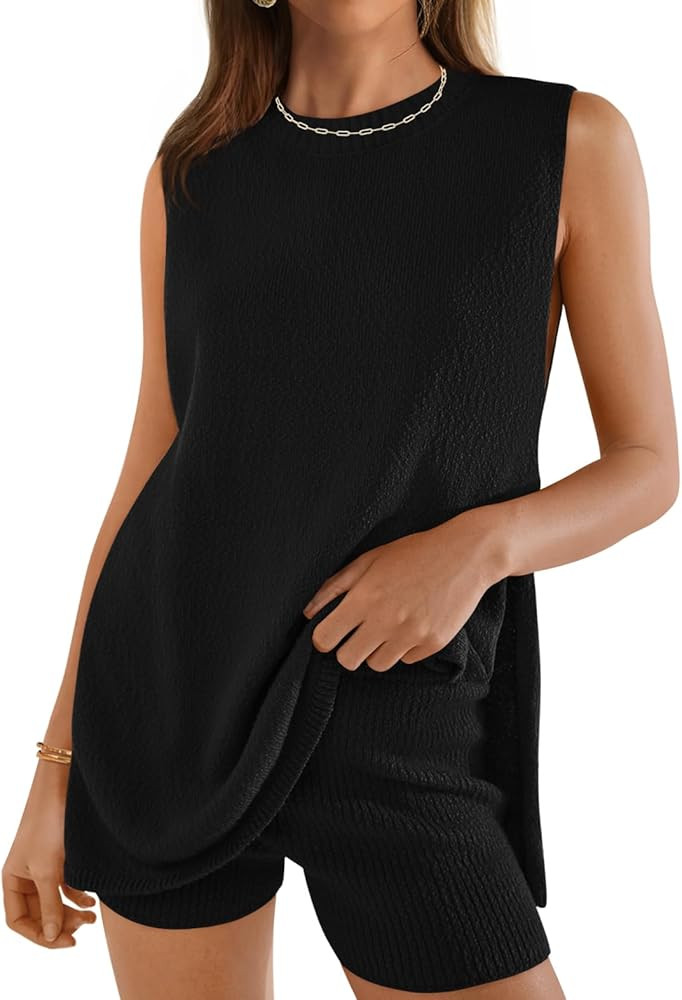 ZESICA Women's Summer Two Piece Sweater Lounge Sets 2024 Casual Knit Trendy Tunic and Shorts Outf... | Amazon (US)