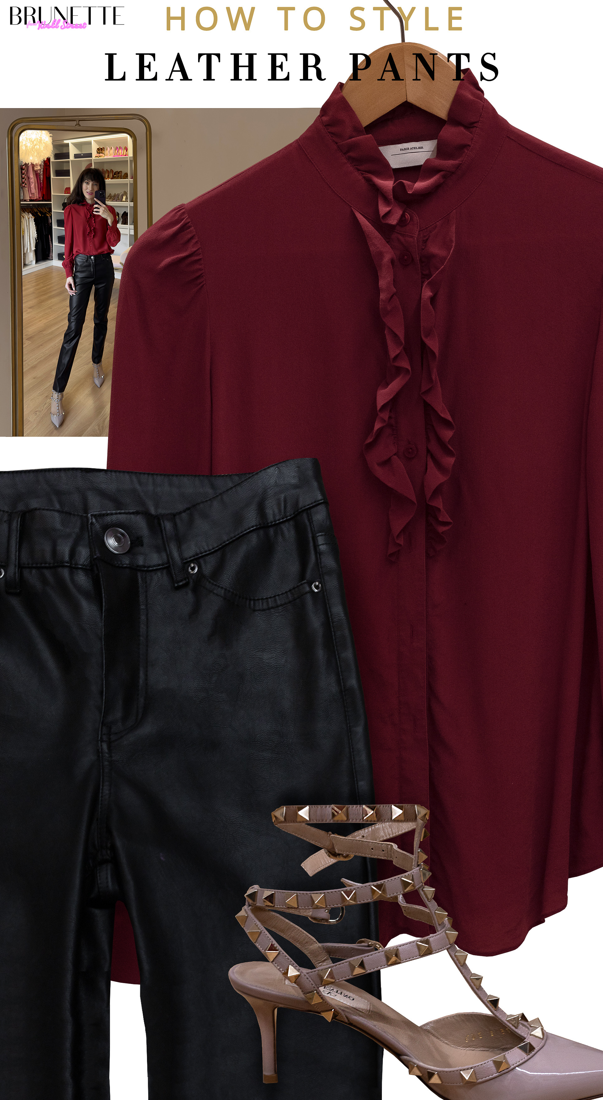 how to style leather pants, burgundy silk blouse outfit, red silk shirt styling, valentino rockstud pumps, kitten heel outfit ideas, leather pants winter outfit, ruffle blouse styling, elegant leather pants look, sophisticated winter style, designer heels outfit 

 #LTKHoliday #LTKootd #LTKWorkwear