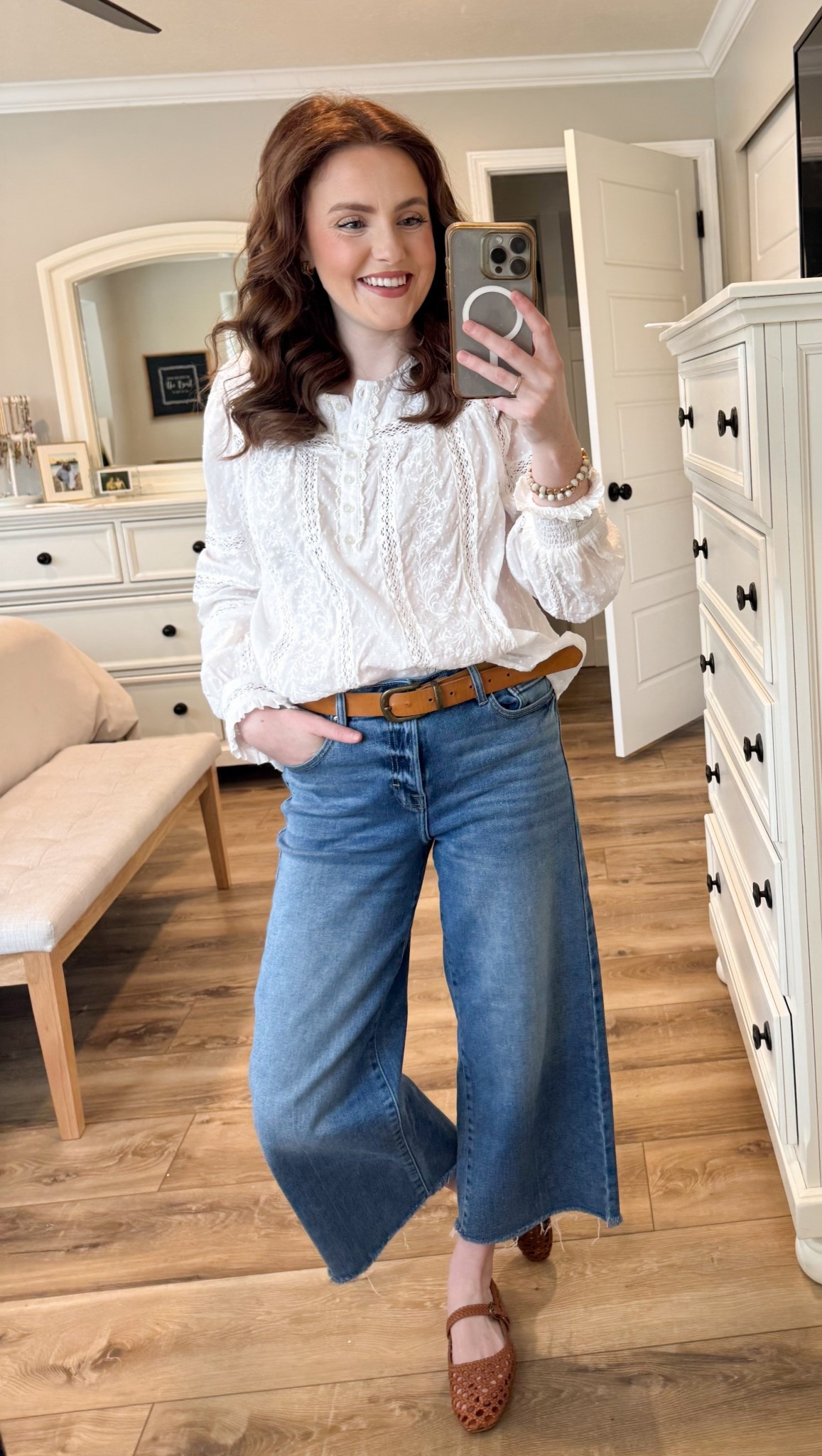 Spring’s calling and this outfit answered 🤍 Obsessed with how this white embroidered blouse pairs with wide-leg crop jeans — it’s giving romantic prairie meets effortless everyday. The tan belt and woven mules tie it all together perfectly. Linking everything in my LTK!

#LTKstyle #LTKseasonal #LTKshoecrush #LTKfindsunder50 #LTKfindsunder100 #widelegjeans #springoutfit #embroideredtop #casualchic #outfitinspo #mirrorcheck #springfashion #bohovibes #denimstyle #womensfashion

#LTKmomlife #LTKootd #LTKPetite