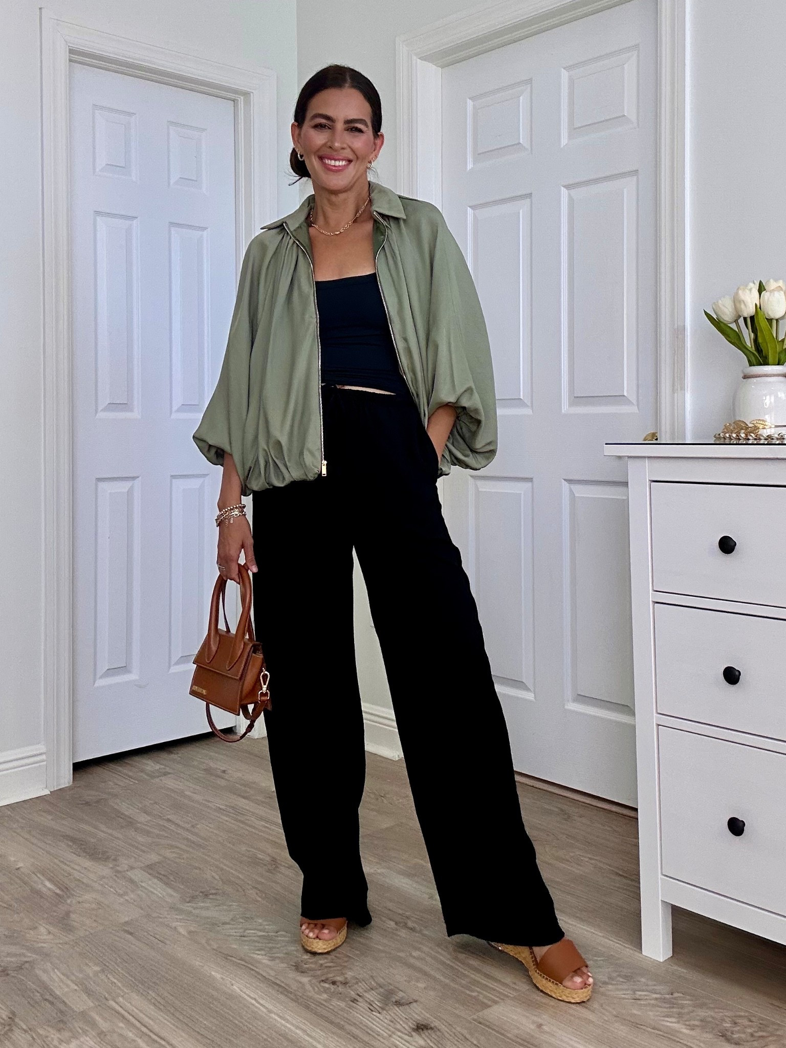 ‼️All details and sizing⬇️ Jacket is super lightweight and is oversized, in color green.  Wearing a size s in jacket, pants and tank top. Tank top has a built in bra. 
Lipgloss is : toffee pink shimmer with lipliner : deep taupe 

#LTKSeasonal #LTKOver40 #LTKFindsUnder50