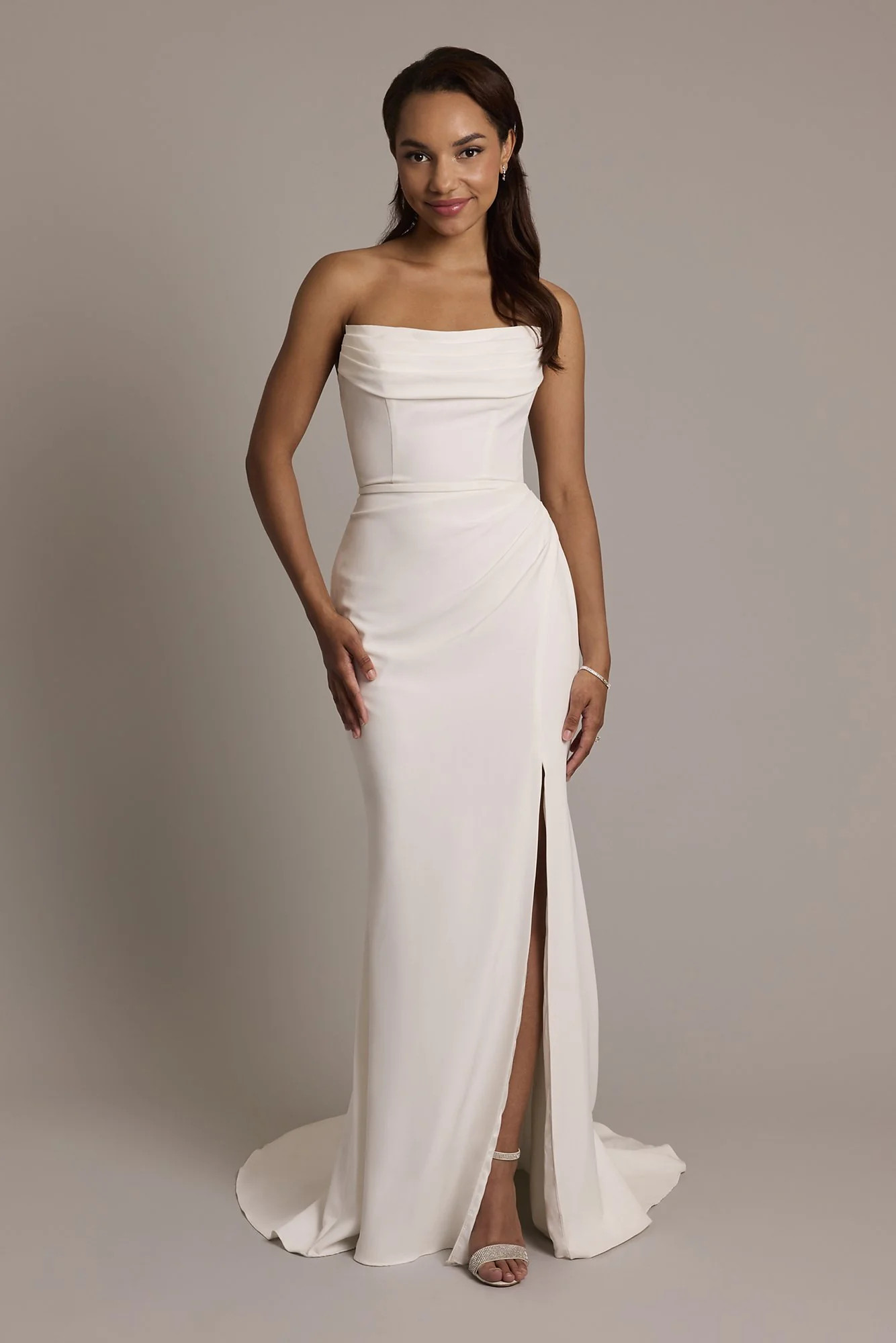 Stretch Crepe Sculpted Cowl Sheath Wedding Dress | David's Bridal