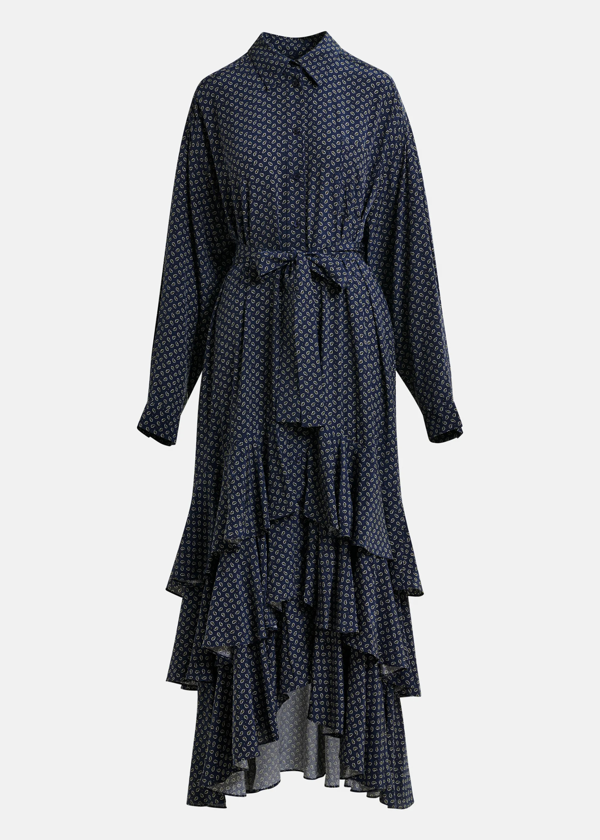 Navy, off-white and green oversized printed maxi shirt dress with ruffled hemline | Essentiel Ant... | Essentiel Antwerp