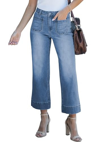 luvamia Wide Leg Jeans for Women Trendy High Waisted Flare Jeans Cropped Denim Pants Stretchy Baggy with Patch Pockets Womens Wide Leg Cropped Jeans Cropped Pants Women Blue Tides Size 12 Size 14 | Amazon (US)