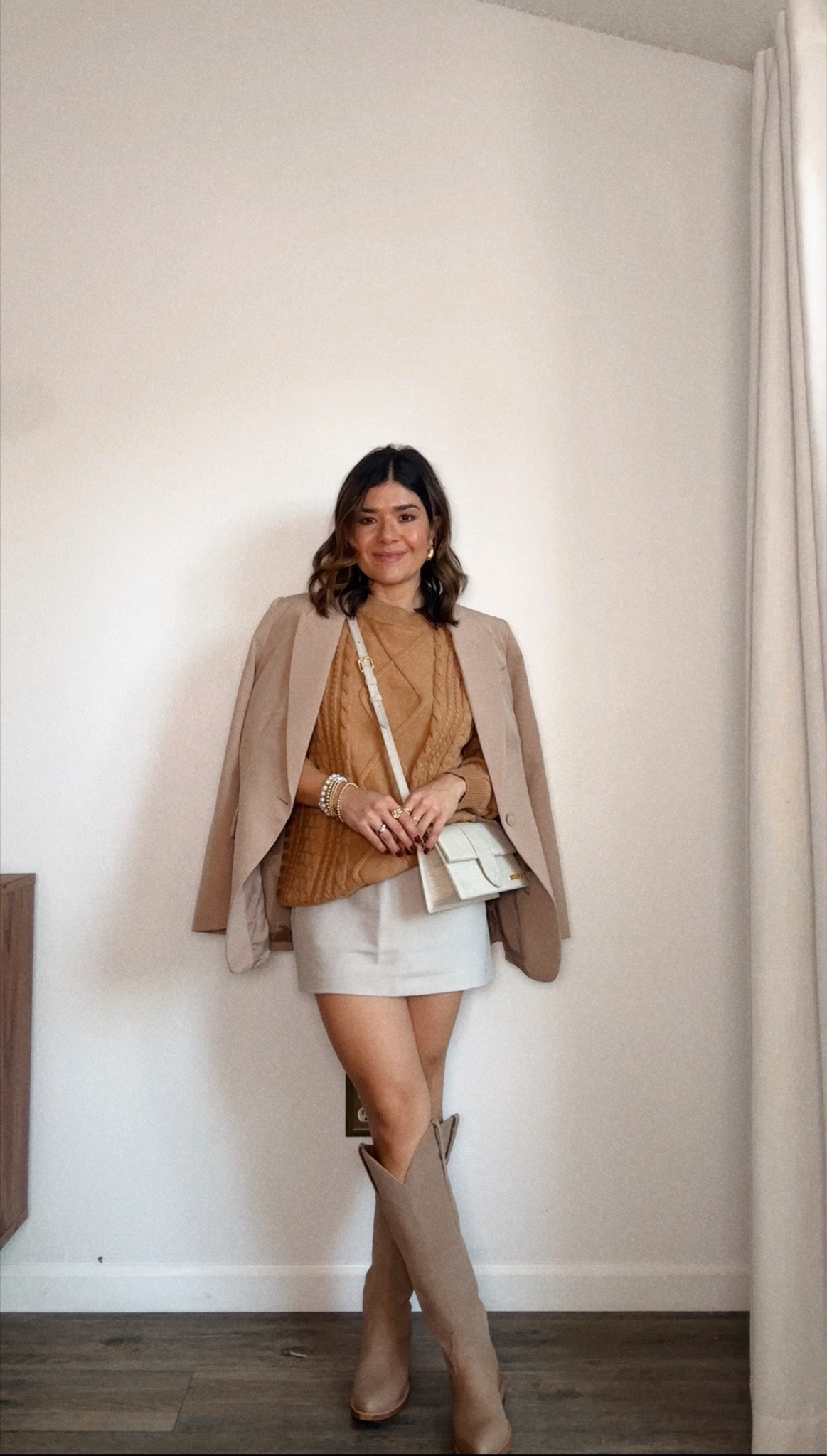 Loving this neutral outfit! 
Sweater size small
Skirt size xs
Blazer size small
Boots are sold out but I’m linking similar ones. 


#LTKFindsUnder50 #LTKSeasonal #LTKFindsUnder100