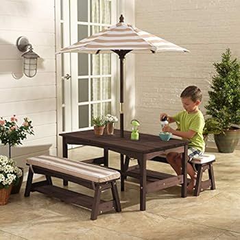 KidKraft Outdoor Table and Bench Set with Cushions and Umbrella, Kids Backyard Furniture, Espress... | Amazon (US)