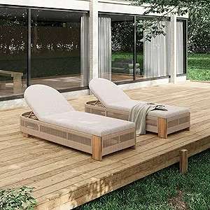 Merax 2-Piece Outdoor Chaise Lounge Chair with Adjustable Backrest & Waterproof Cushion - Acacia ... | Amazon (US)