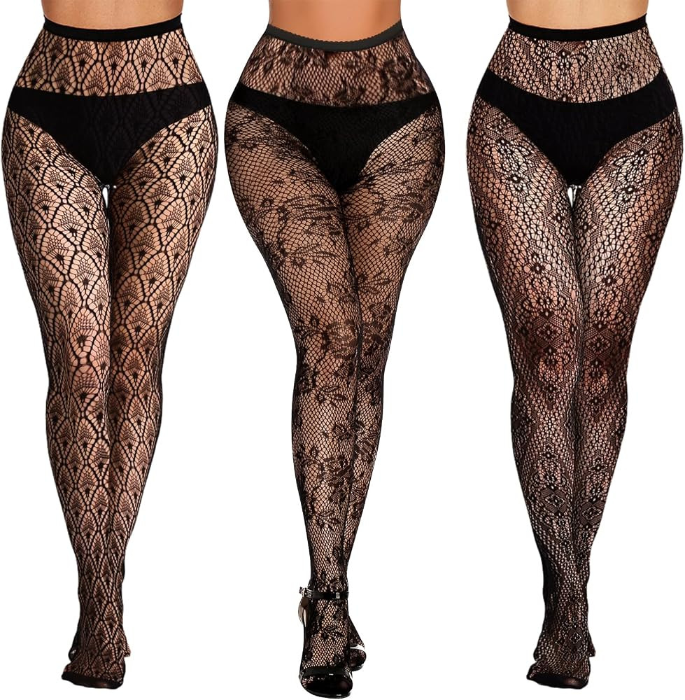 3 Pairs Lace Patterned Fishnet Tights for Women, Black Fishnets Leggings Lace Tights | Amazon (US)