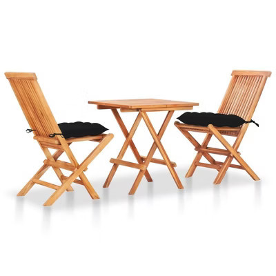 vidaXL 3 Piece Bistro Set with Black Cushions Solid Teak Wood | Target