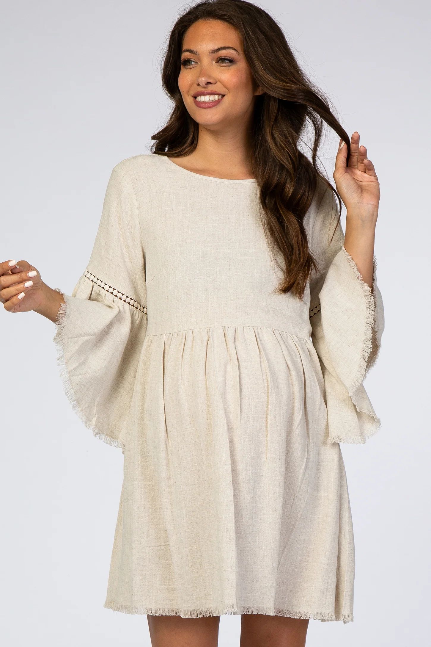 Beige Raw Edge Bell Sleeve Babydoll Maternity Dress | PinkBlush Maternity