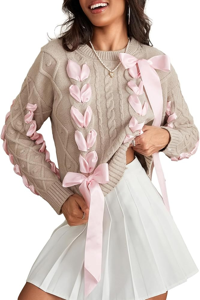 Women Cute Ribbon Lace Up Bow Knit Sweater Y2k Fairy Grunge Loose Fit Pullover Knitted Jumper Vin... | Amazon (US)