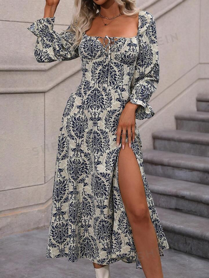 SHEIN LUNE Allover Print Tie Front Flare Sleeve Split Thigh Dress | SHEIN