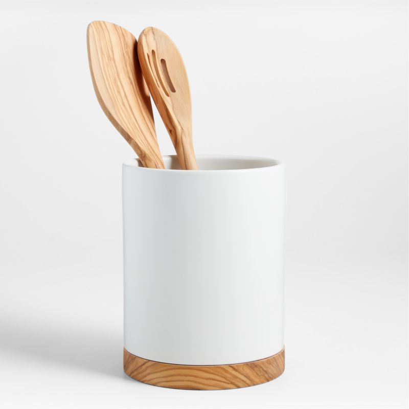 Olivewood and Matte Ceramic Utensil Holder + Reviews | Crate & Barrel | Crate & Barrel