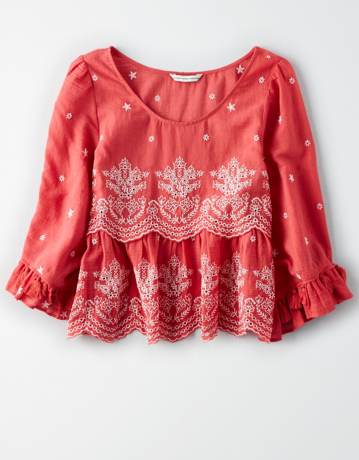 AE Embroidered Bell Sleeve Top, Red | American Eagle Outfitters (US & CA)