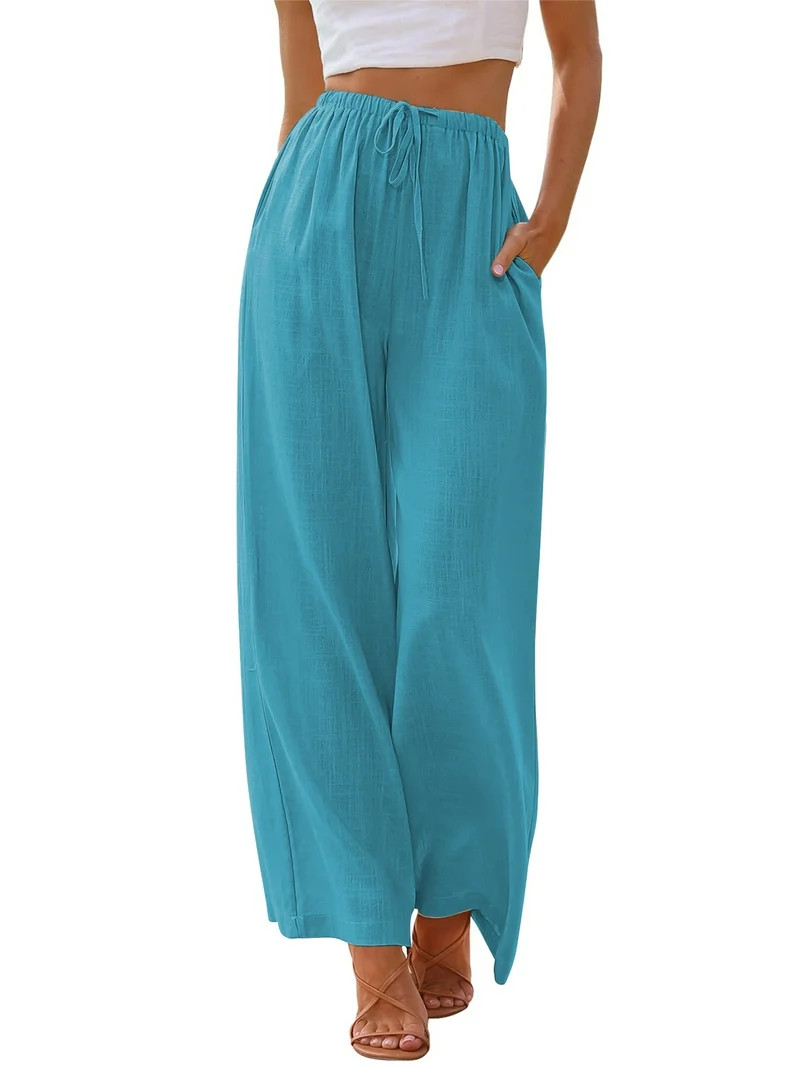 TEMOFON Pants for Women Wide Leg Linen Pant Palazzo Summer Casual Flowy Pants with Pocket Lightbl... | Walmart (US)