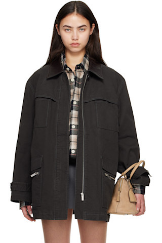 Black Leather-Collar Multi-Pockets Distressed Jacket | SSENSE