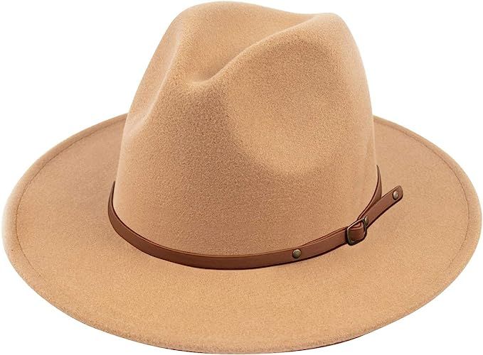 Lanzom Women Wide Brim Warm Wool Fedora Hat Retro Style Belt Panama Hat | Amazon (US)