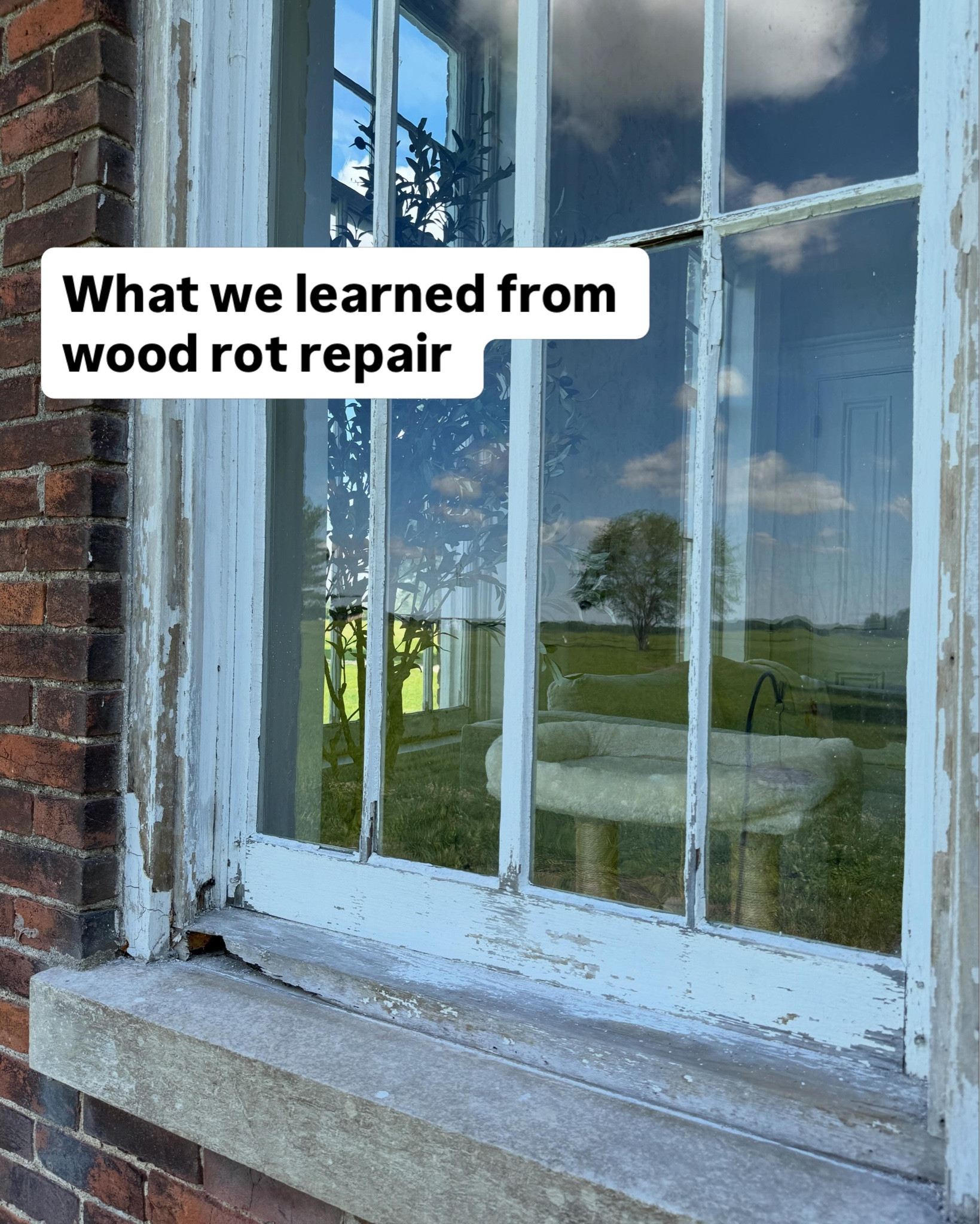 We’ve been staring at this window for 2 years. I worked on the old caulk and prepping and Clark got to work on the rotted wood. 

We had to utilize the old wood from a different project in the house. A 2x4 now is really a 1.75x3.5 and the old wood is a very hard true 2x4. 

Sooo… to get a good patch we need the old 2x4 size. I hope that makes sense. 

The wood hardener? Dream product. It helped so many “spongy” pieces around the house. That and Bondo was a huge help. 

Stay tuned for the next step - but it went well today! Restoration of an old house is always a challenge. 

We are getting there!