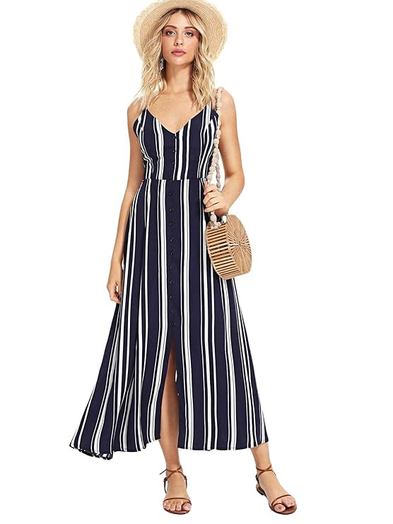 Milumia Women's V Neck Cut Out Knot Back Button up Striped Spaghetti Strap Cami Maxi Dress | Amazon (US)
