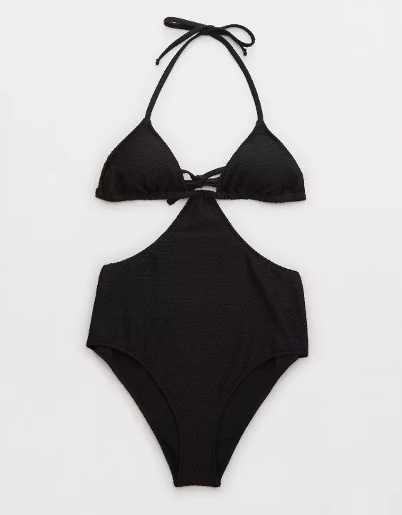 Aerie Jacquard Cut Out String One Piece Swimsuit | Aerie