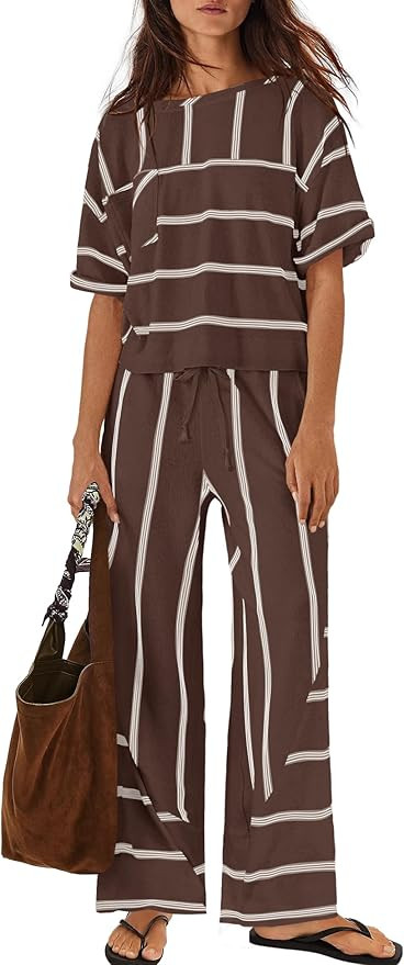 Nirovien Womens Striped Lounge Set 2 Piece Vacation Sets Short Sleeve Tops and Wide Leg Pants Tra... | Amazon (US)
