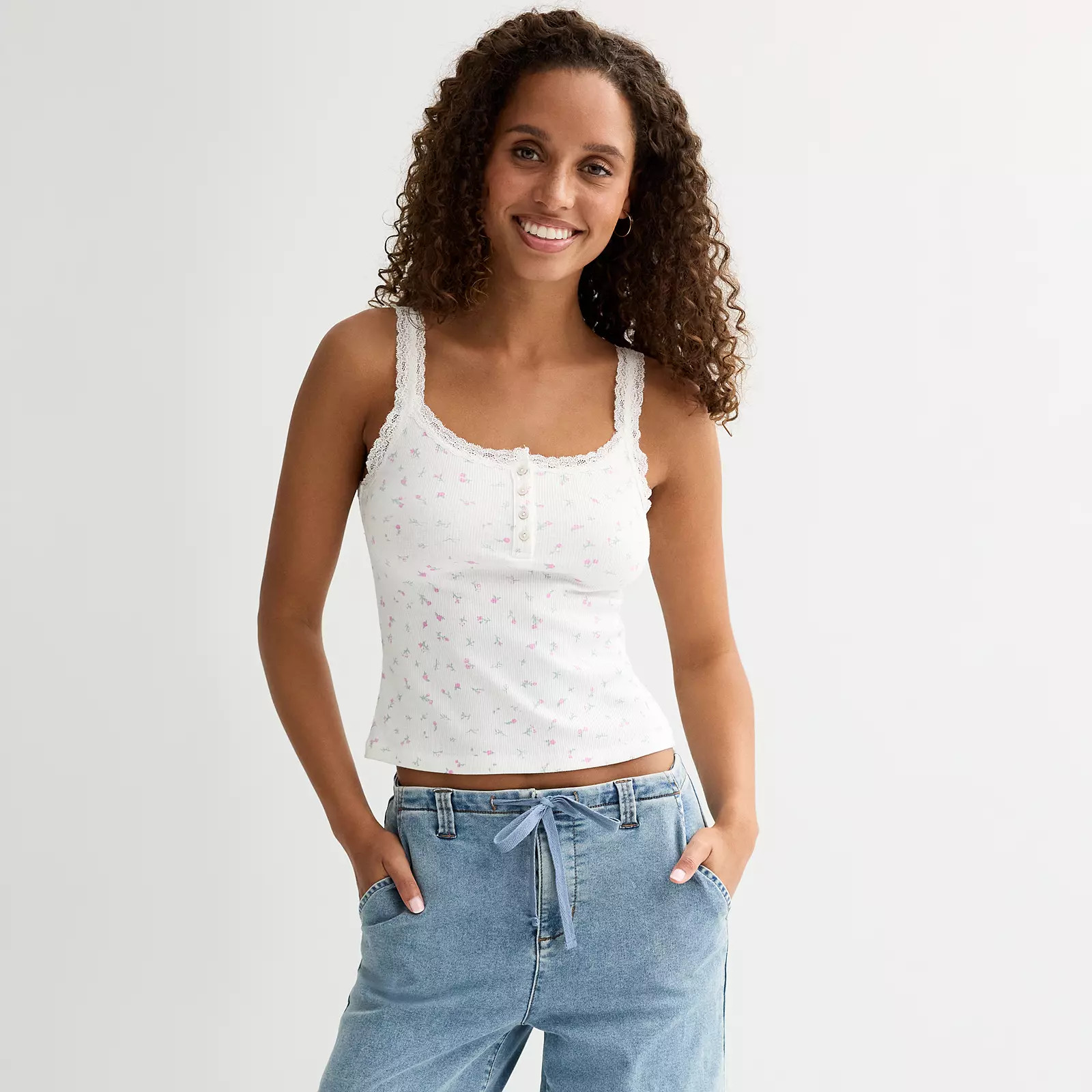 Juniors' SO® Lace Trim Henley Cami | Kohl's