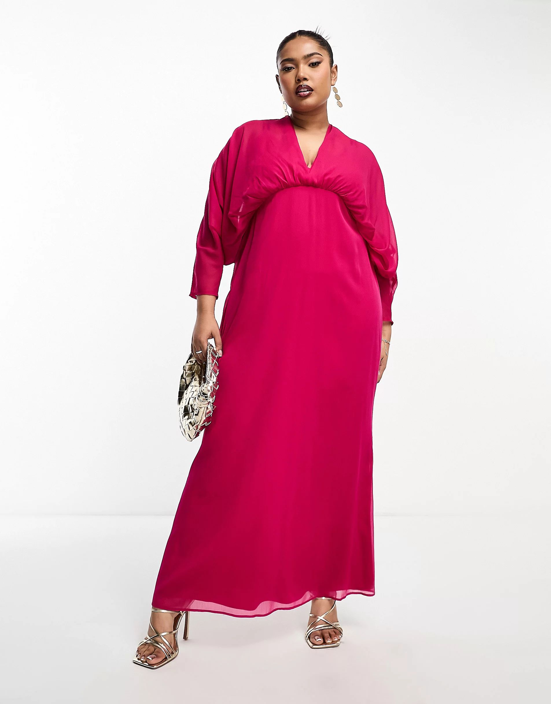 ASOS DESIGN Curve exclusive chiffon batwing sleeve maxi dress in hot pink | ASOS (Global)