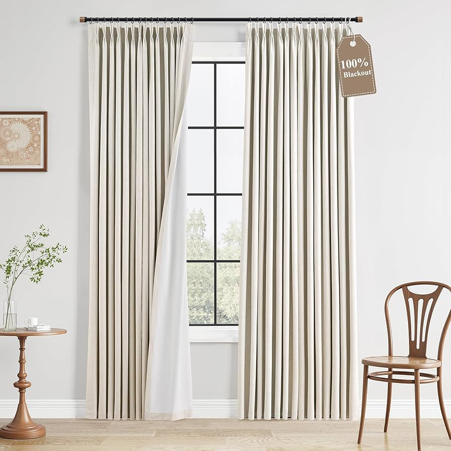 Pinch Pleated 100% Blackout Linen Curtains Natural Cream Room Darkening Modern Curtain 84 Inch fo... | Amazon (US)