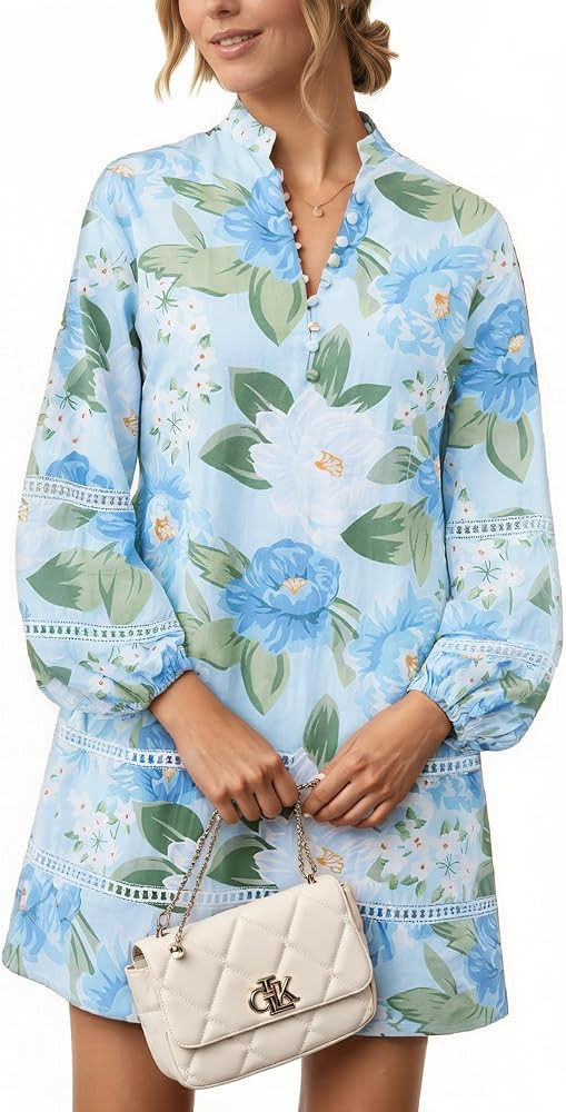 Women Floral Mini Dress Puff Long Sleeve Stand Collar Casual A Line Shift Short Dress | Amazon (US)