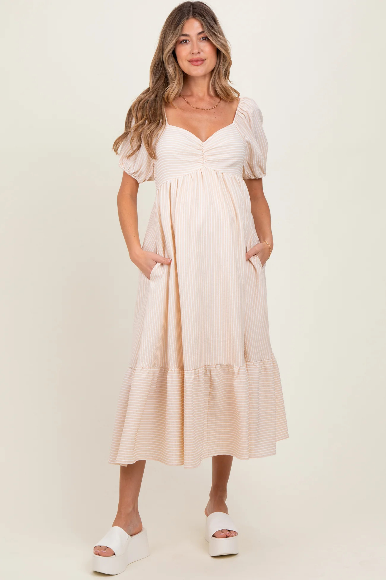 Beige Sweetheart Stripe Smocked Back Maternity Midi Dress | PinkBlush Maternity