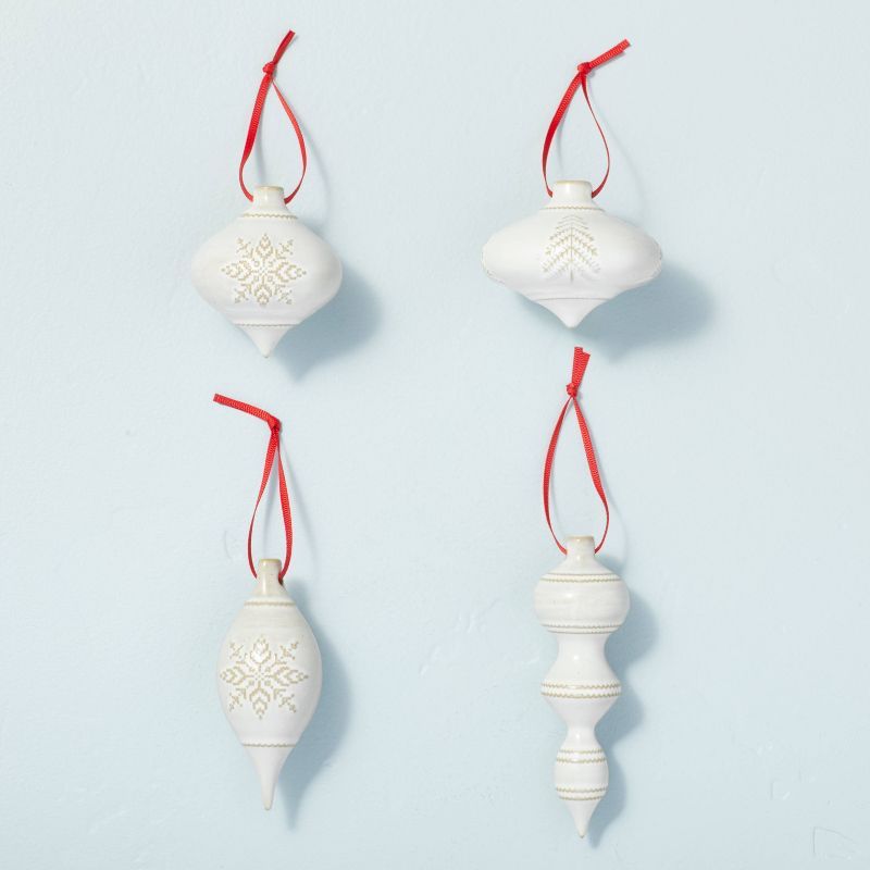 Embossed Ceramic Bulb Christmas Tree Ornament Set 4pc Cream/Red - Hearth &#38; Hand&#8482; with M... | Target