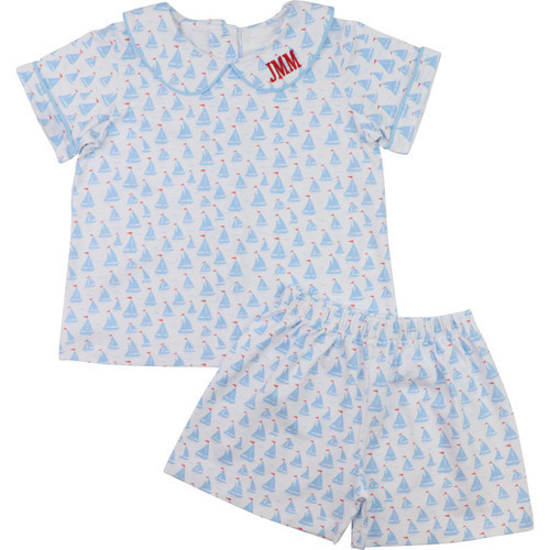 Blue Sailboat Print Knit Short Set | Cecil and Lou