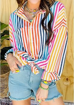 WHO in Shop Button Down Shirts for Women Stripe Colorful Boyfriend Shirt Loose Long Sleeve Blouse... | Amazon (US)