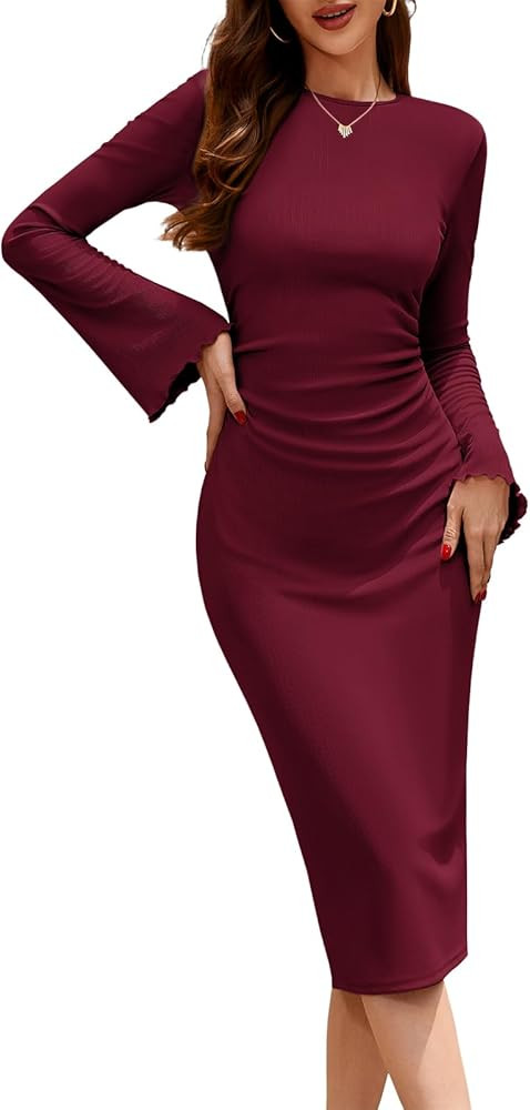 HomRain Women's Crew Neck Bodycon Dresses for 2025 Fall Ribbed Knit Midi Fashion Date Party Cockt... | Amazon (US)