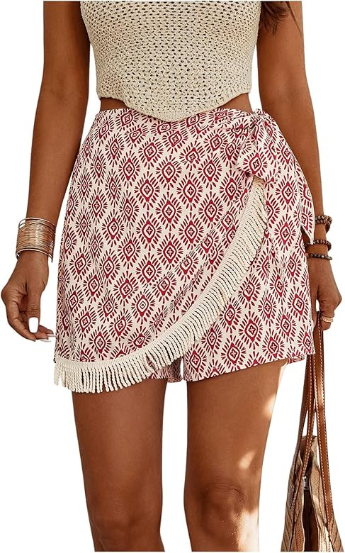 Milumia Women's Printed Tie Side Shorts Tassel Trim High Waist Wrap Skorts Boho Shorts | Amazon (US)