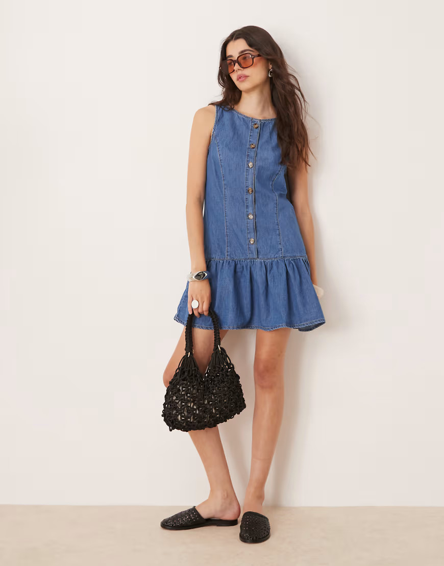 ASOS DESIGN soft denim sleeveless mini dress with dropped waist in mid wash blue | ASOS (Global)