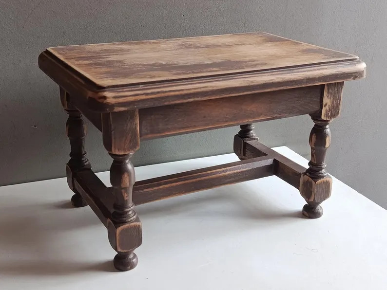 French vintage turned feet oak patina wood small bench stool / rustic farmhouse primitiv kitchen ... | Etsy (Global)