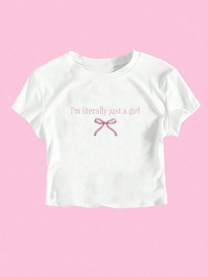 Teen Girl Casual Bowknot Short Sleeve T-Shirt With Letter Imprint | SHEIN
