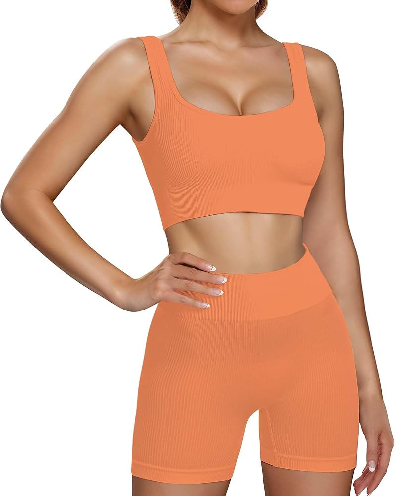 Workout Sets for Women 2 Piece Outfits Seamless Ribbed Crop Tank Top Sports Bra High Waist Biker ... | Amazon (US)