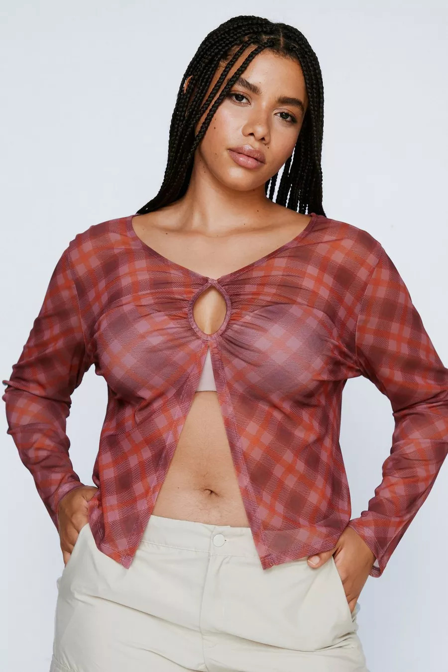 Plus Size Check Print Long Sleeve Mesh Top | Nasty Gal (US)