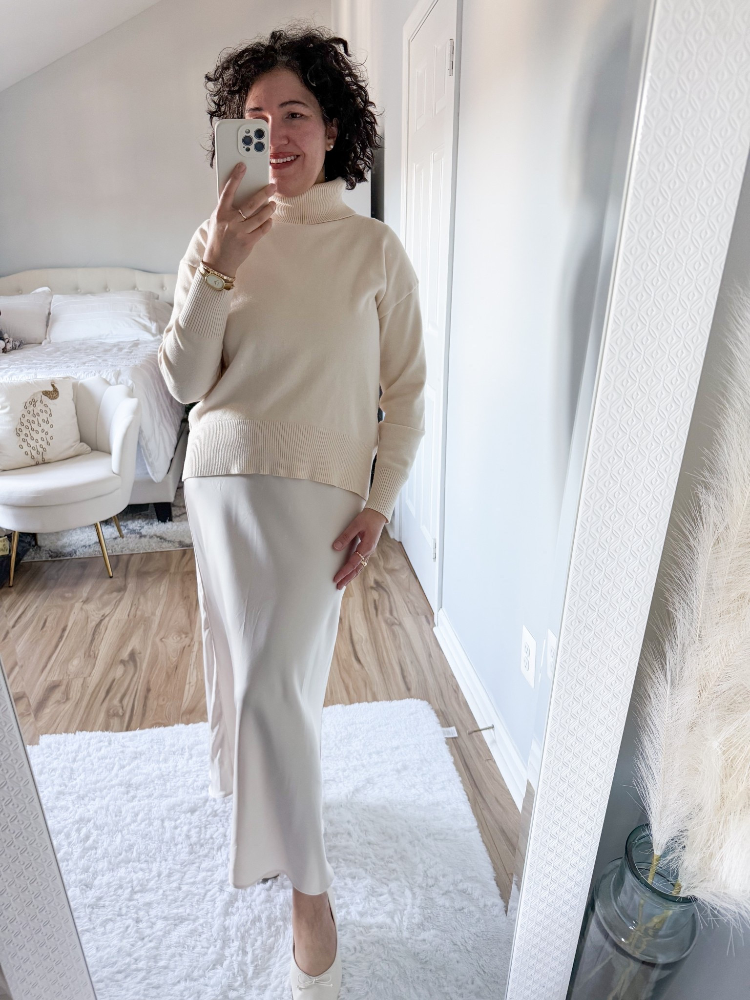 Winter outfit, classy outfit, satin skirt, brige turtleneck sweater 

#LTKootd #LTKHoliday #LTKOver40