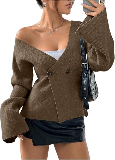 Verdusa Women's V Neck Button Wrap Cozy Cardigan Sweater Flare Sleeve Old Money Clothes | Amazon (US)