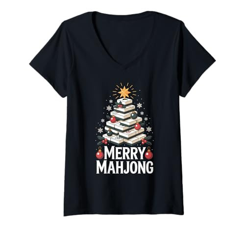 Womens Merry Mahjong Christmas Tree V-Neck T-Shirt | Amazon (US)