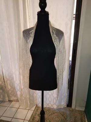 Vintage Gold & Cream Floral Lace Piano Shawl Wrap with Long Fringe Deco Style | eBay US