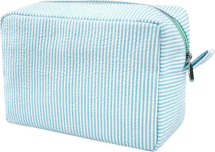 Cosmetic Bags for Women, Seersucker Cosmetic Bag, Travel Toiletry Stripe Makeup Bag, Large Women ... | Amazon (US)