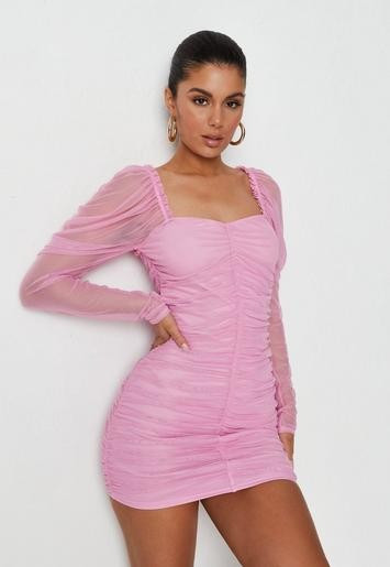 Missguided - Pink Mesh Ruched Long Sleeve Mini Dress | Missguided (US & CA)